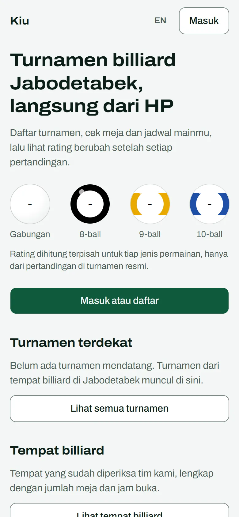 Beranda Kiu di HP dengan cincin rating 8-ball, 9-ball, dan 10-ball