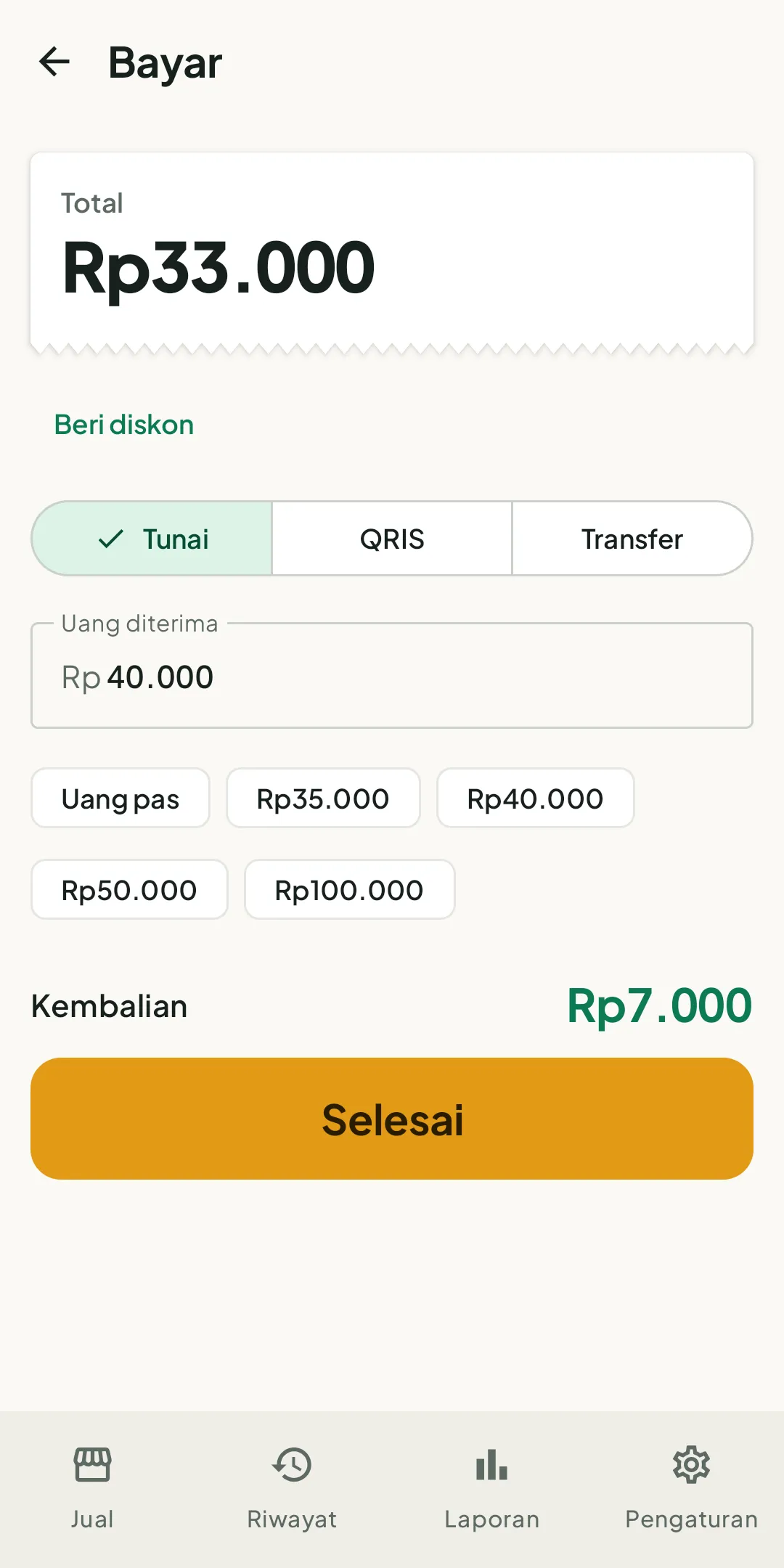 Kasmart payment screen with cash, QRIS and transfer options