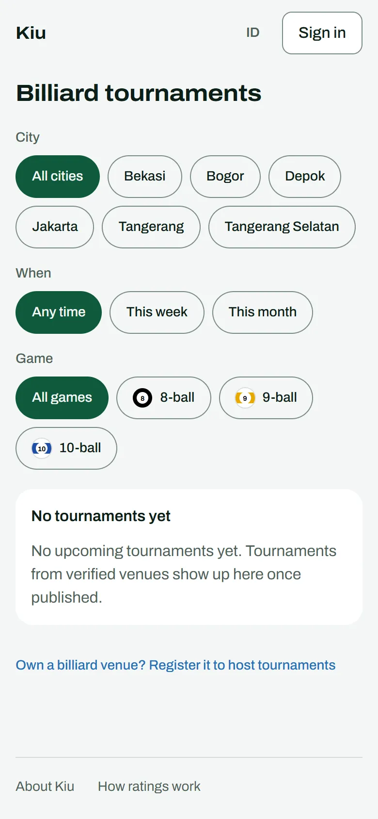 Kiu tournament list with filters for city, date and game type